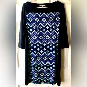 Banana Republic Blue Turquoise Teal Black Geometric Diamond Print Knit Dress M